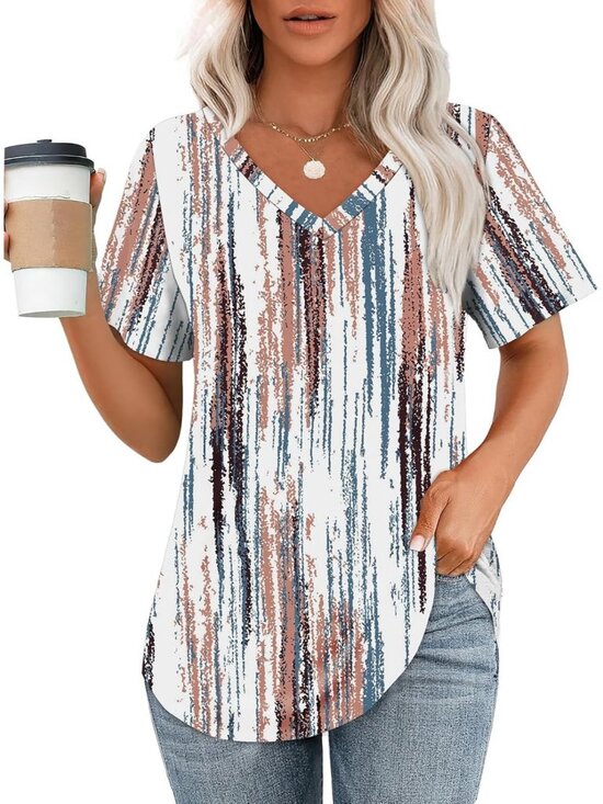 Tops - Women's Tie Dye Brown V Neck Short Sleeve Shirt Casual Loose Fit Curved Hem Tops